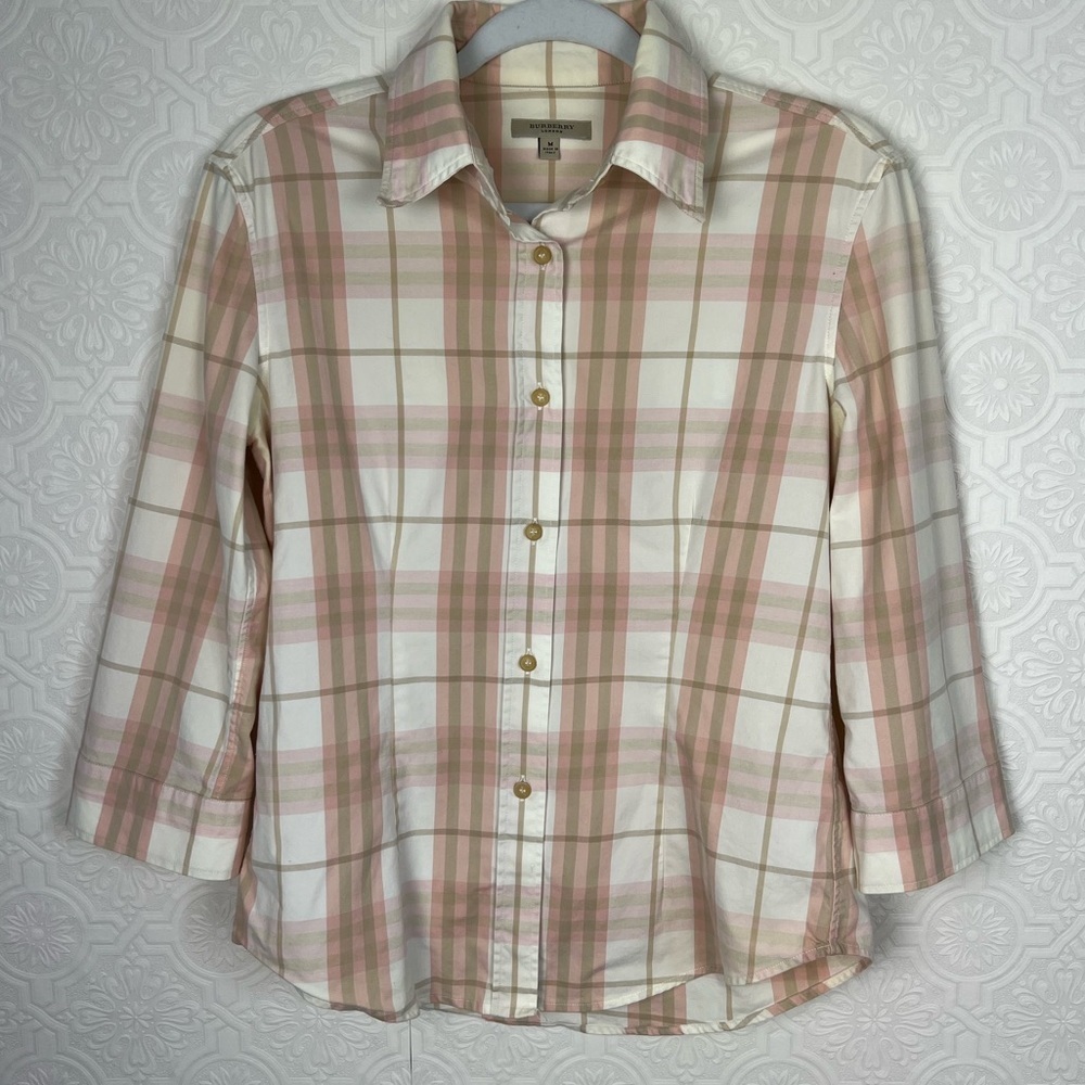 Burberry Plaid Button Down Shirt Pink Cream Neutrals Pastels Career Work Wear